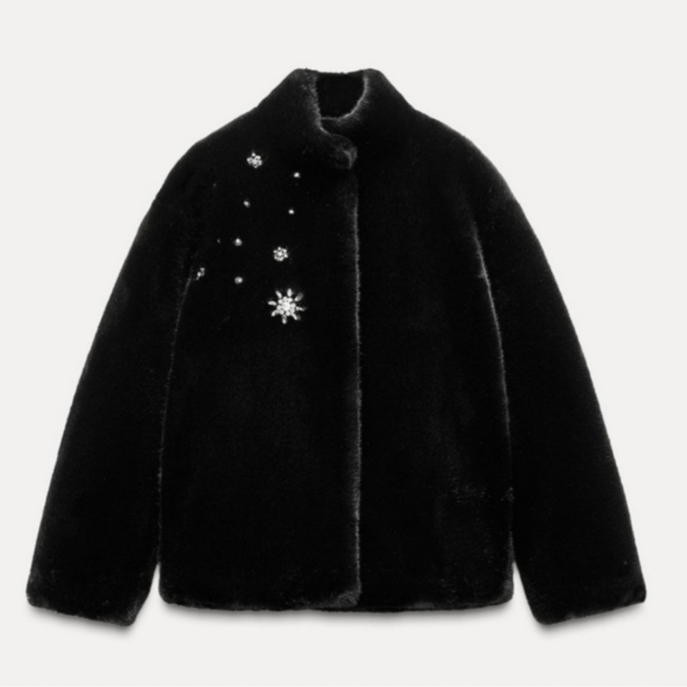 Zara Coat Jewel Faux Fur Black NWT - Picture 7 of 12